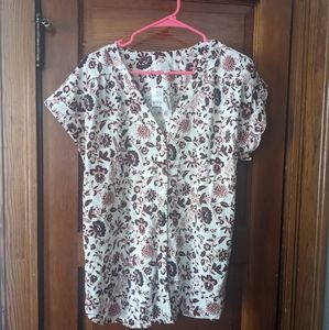 NWT LOFT short sleeve flower linen button down blouse, size Large